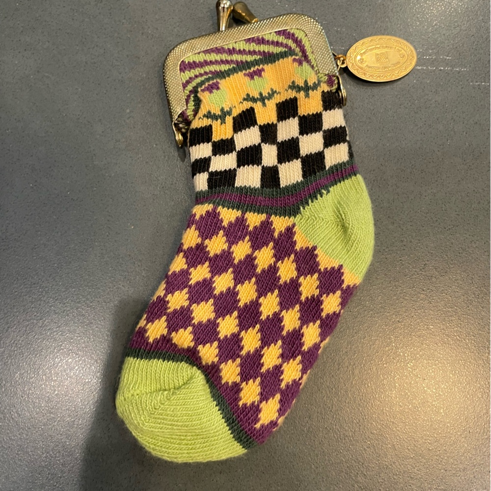MacKenzie-Childs Green and Purple Sock Coin Purse with Tag
